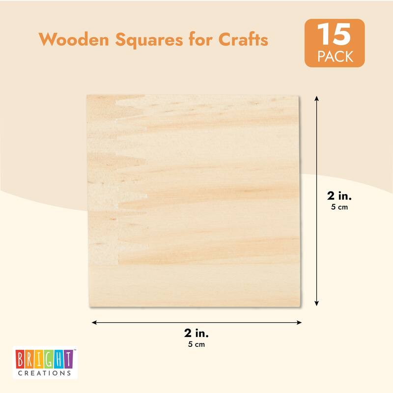 Bright Creations 15 Pack Unfinished Wooden Coaster Wood Square Cutout Tiles for DIY Crafts 2x2"
