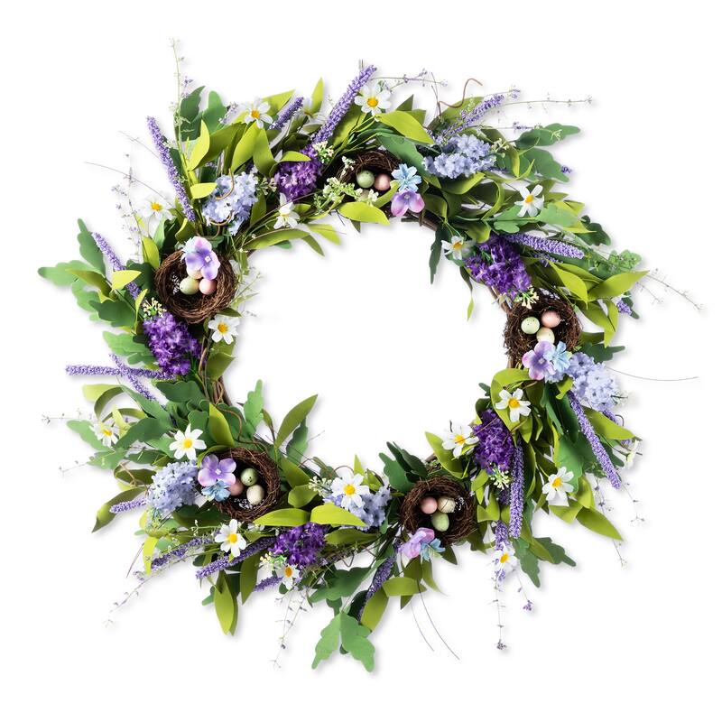 Glitzhome Easter Wreath with Eggs Lavender Bird Nest for Front Door Wall Window Holiday Decoration