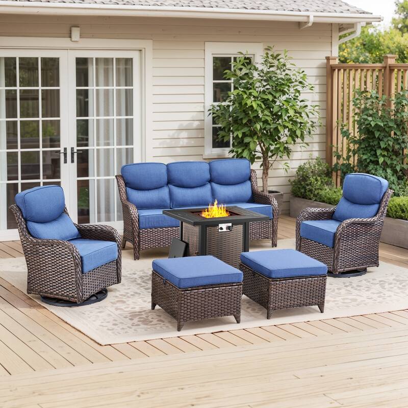 Pocassy 30 Inch Fire Pit Table with Sofa Swivel Chair Set - Blue Cushion Brown Wicker - 6-Piece Sofa Siwvel Chair Ottoman w/ Fire Table