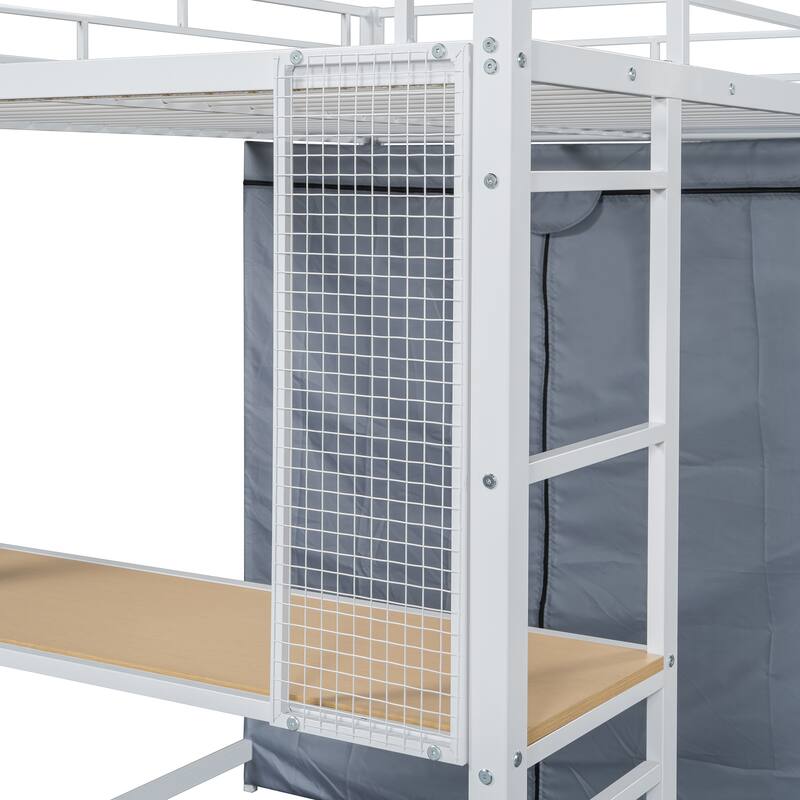 Space-Saving Full Size Loft Bed with Built-in Desk, Wardrobe, Power Outlet & LED Lighting