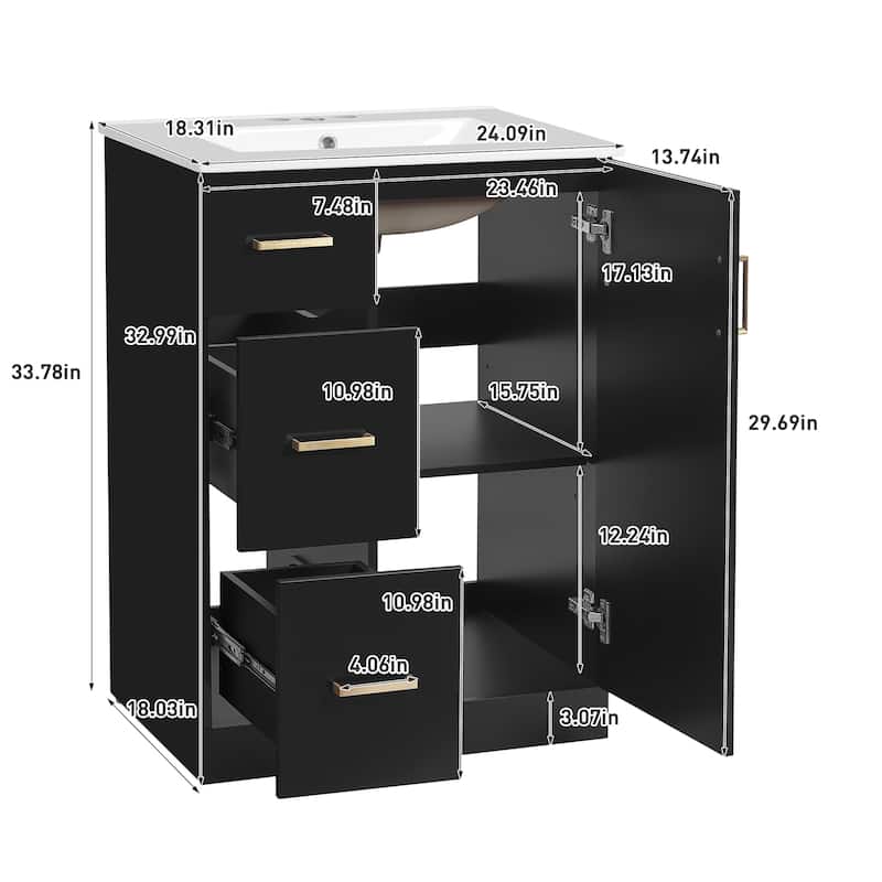 24'' Freestanding Bathroom Vanity with White Integrated Ceramic Sink - 24'' x 18.3'' x 33.78''