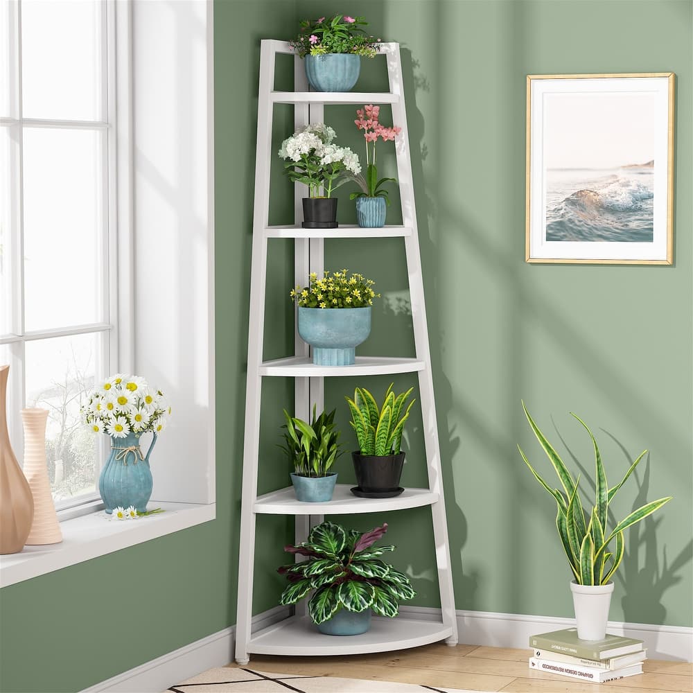 5 Tier Tall Corner Shelf, Bathroom Tower Shelves, 70 Inches Corner Bookshelf and Bookcase