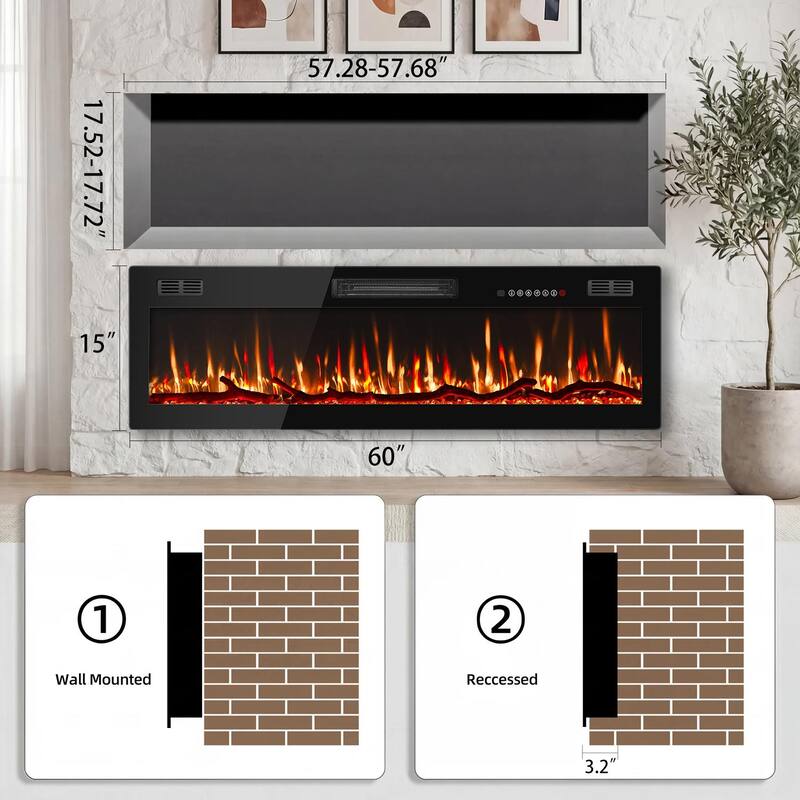 BOSSIN 50" Slim Linear Electric Fireplace with 8H Timer and Overheating Safe Design, 750w/1500w Electric Fireplaces Space Heater