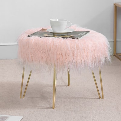 Adeco Footstool Ottoman Vanity Chair Fluffy Cushion Anti-Slip Pad