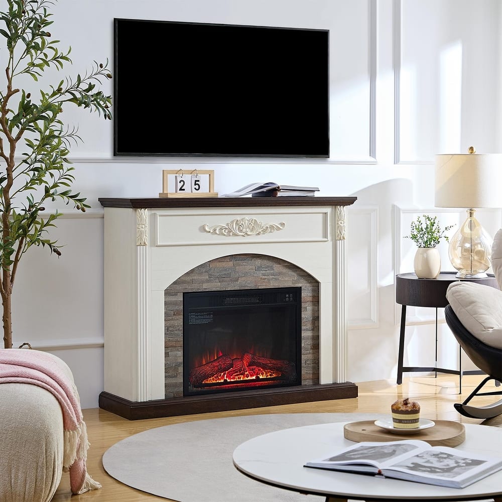 78 inch Electric Fireplace Mantel Fireplace TV Stand Entertainment Center with 30 inch Fireplace Insert Heater and Storage