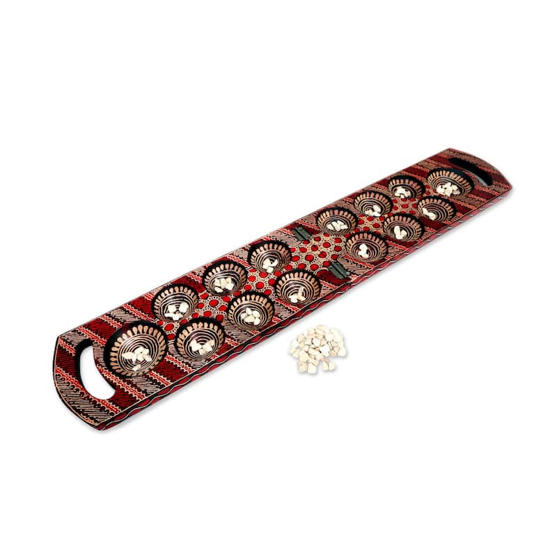 Novica Handmade Red Clever Leisure Batik Wood Mancala Game
