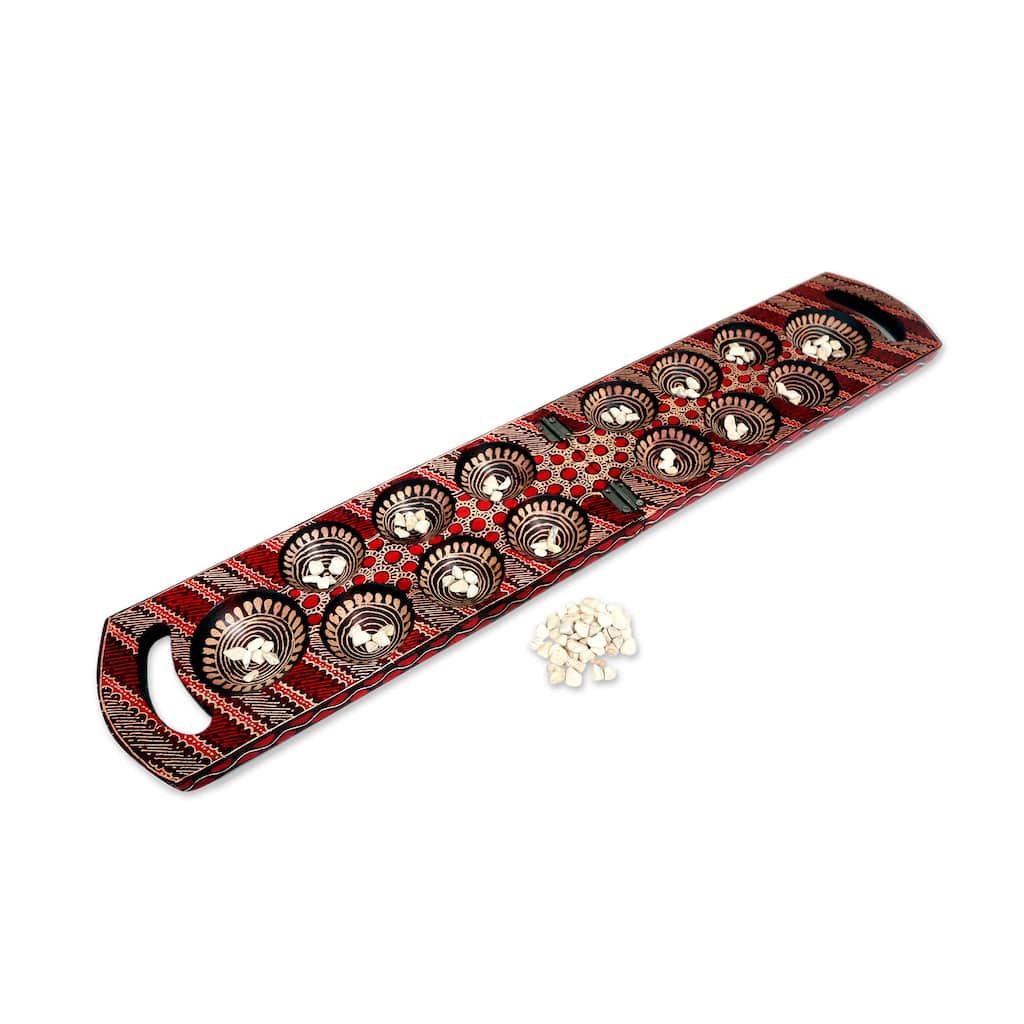 Novica Handmade Red Clever Leisure Batik Wood Mancala Game