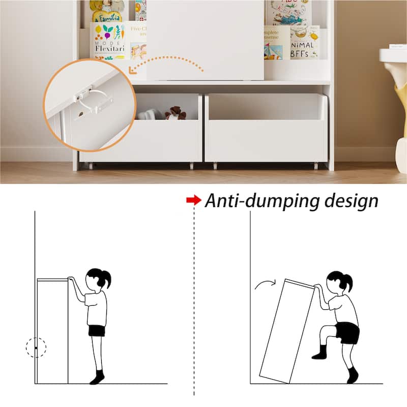 Kids Sliding Door Bookcase with 2 Large Rolling Toy Bins – 39.4" Wide White Children’s Bookshelf Organizer