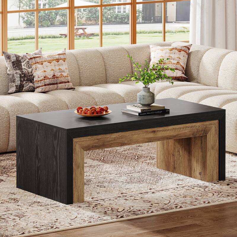 47'' Rectangle Coffee Table Accent Center Table with Sturdy Base - Black & Walnut
