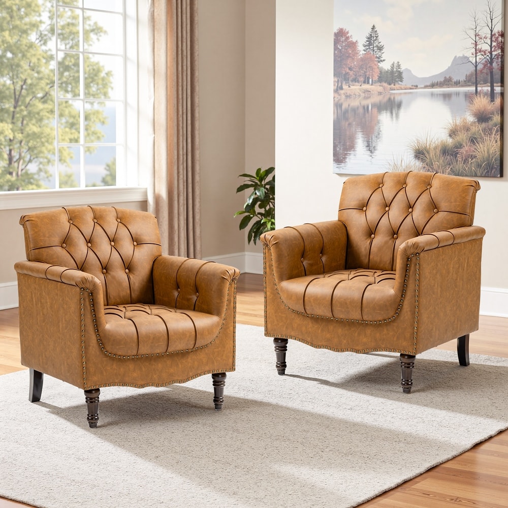 Modern Faux Leather Accent Chairs Set Of 2, Upholstered Armchair For Living Room
