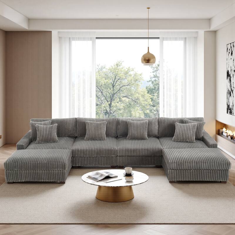 Modular Cotton Flannel Plush Sectional Sofa with Ottomans - Light Grey-6 piece