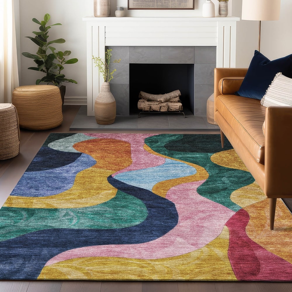 Machine Washable Indoor/ Outdoor Abstract Contemporary Chantille Rug