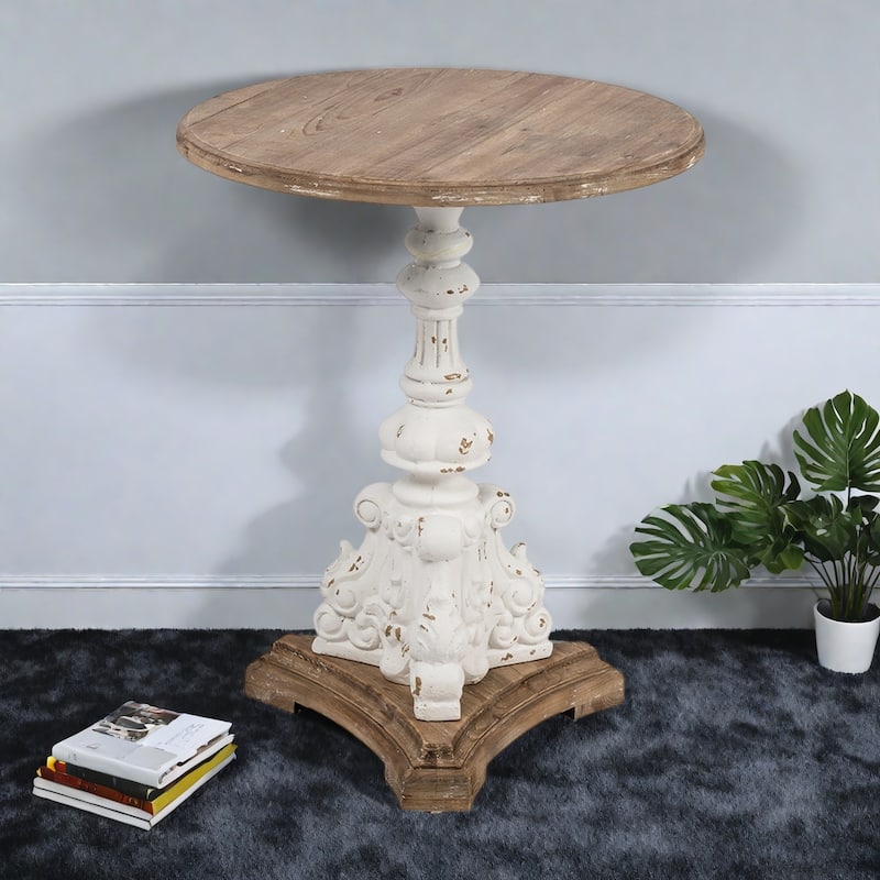 22.5" Wood Round Side Table with Carved Pedestal Base for Living Room - Antique brown,Antique White