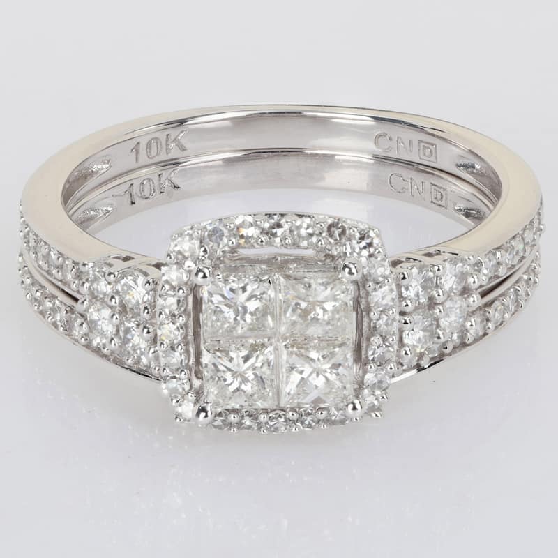 Miadora 7/8ct TDW Princess-Cut Diamond Halo 2-Piece Bridal Ring Set 10k White Gold