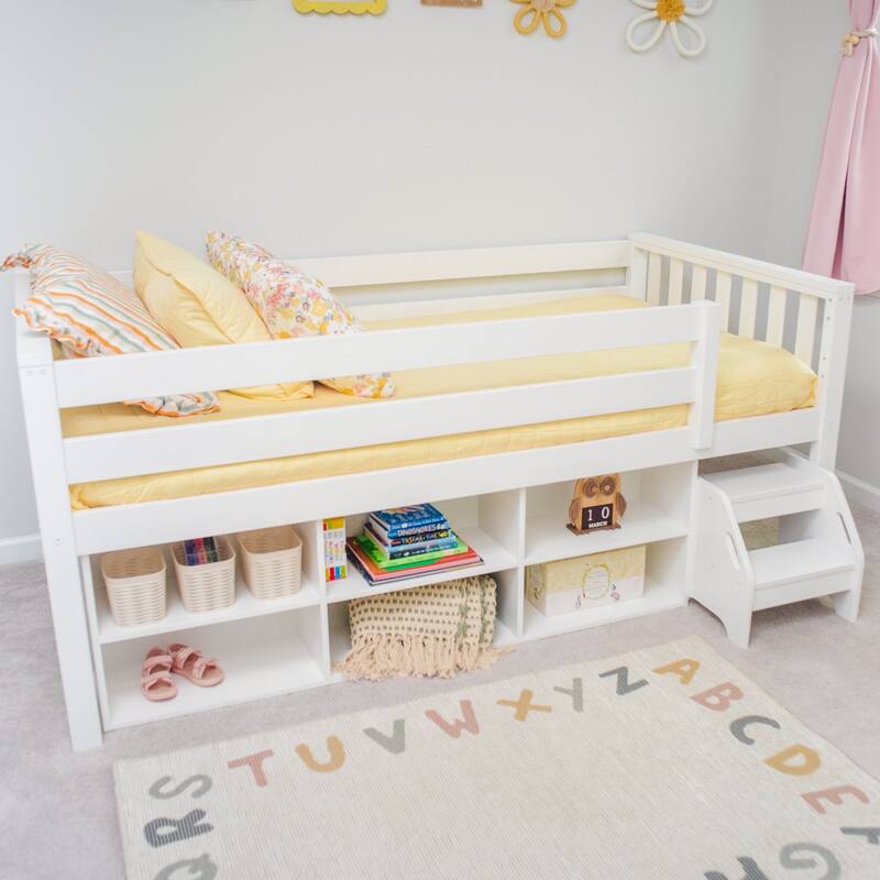 Max and Lily Twin Solid Wood Soren Ultra Low Loft Bed with Bookcase