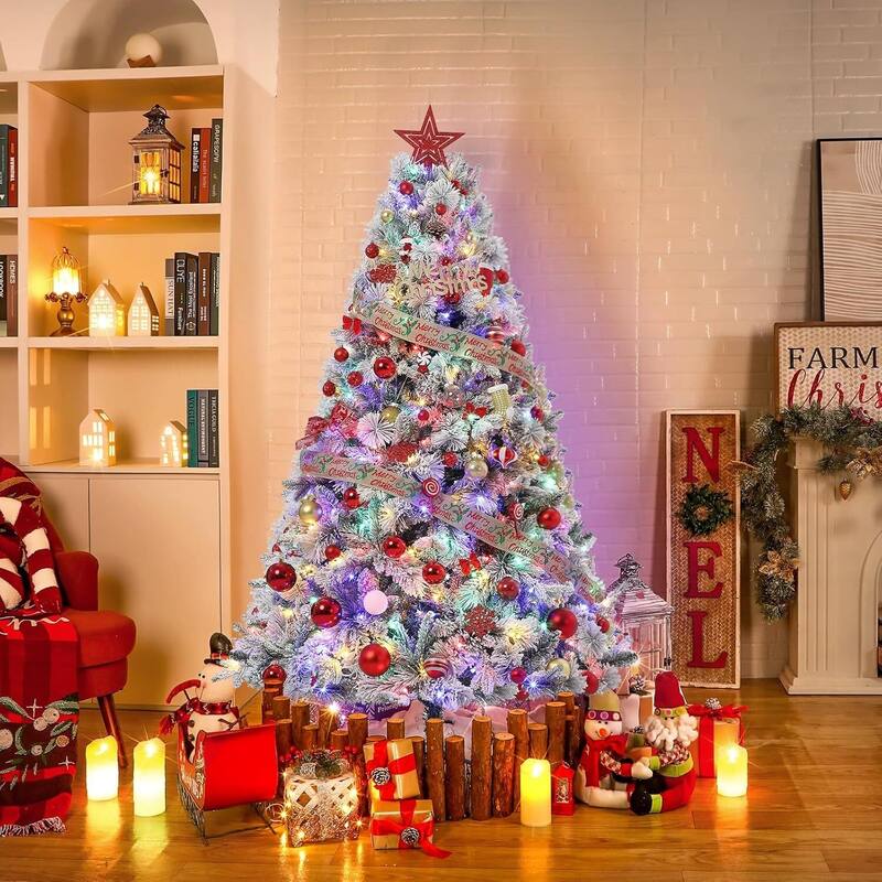 6 Ft Prelit Snow Flocked Artificial Christmas Tree with Lights for Decoration - 6FT