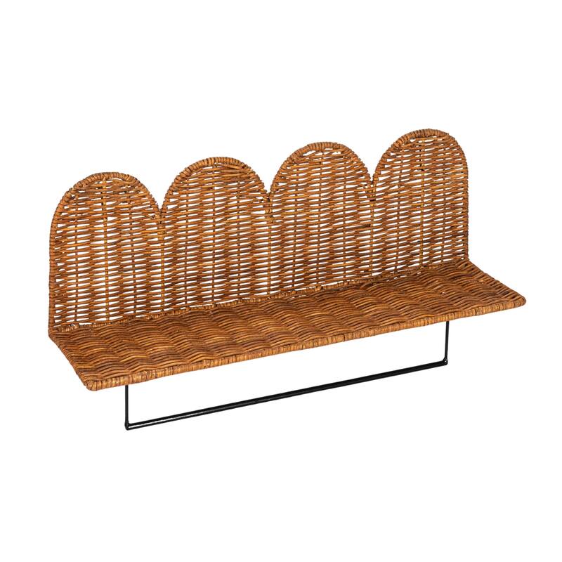 Rattan Wicker Wall Shelf with Scalloped Edge and Metal Rod - 24.0"L x 6.0"W x 12.5"H