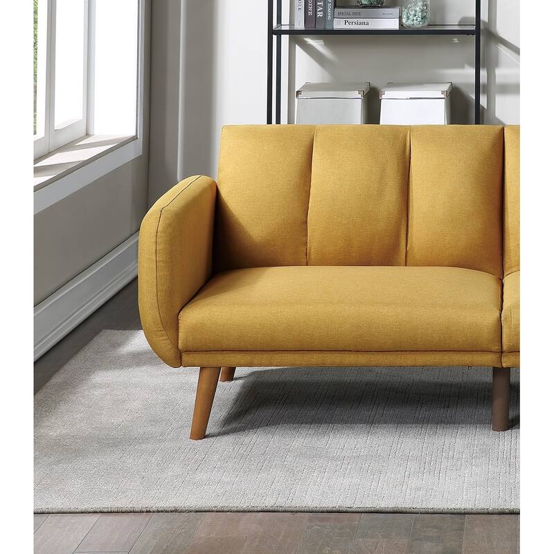 Mustard Color Polyfiber Convertible Sofa with Wooden Legs