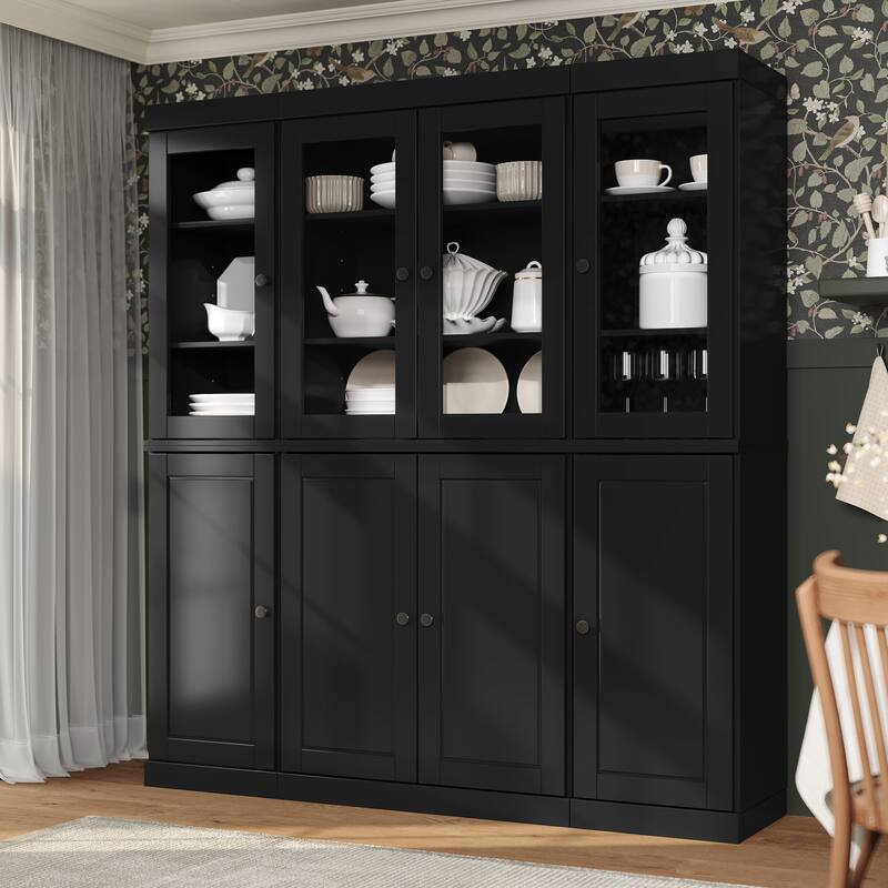 Palace Imports 100% Solid Wood Pantry China Cabinet, Raised Panel & Clear Glass Doors, Adjustable Shelves, 65" Wide, 71.5" Tall - Black