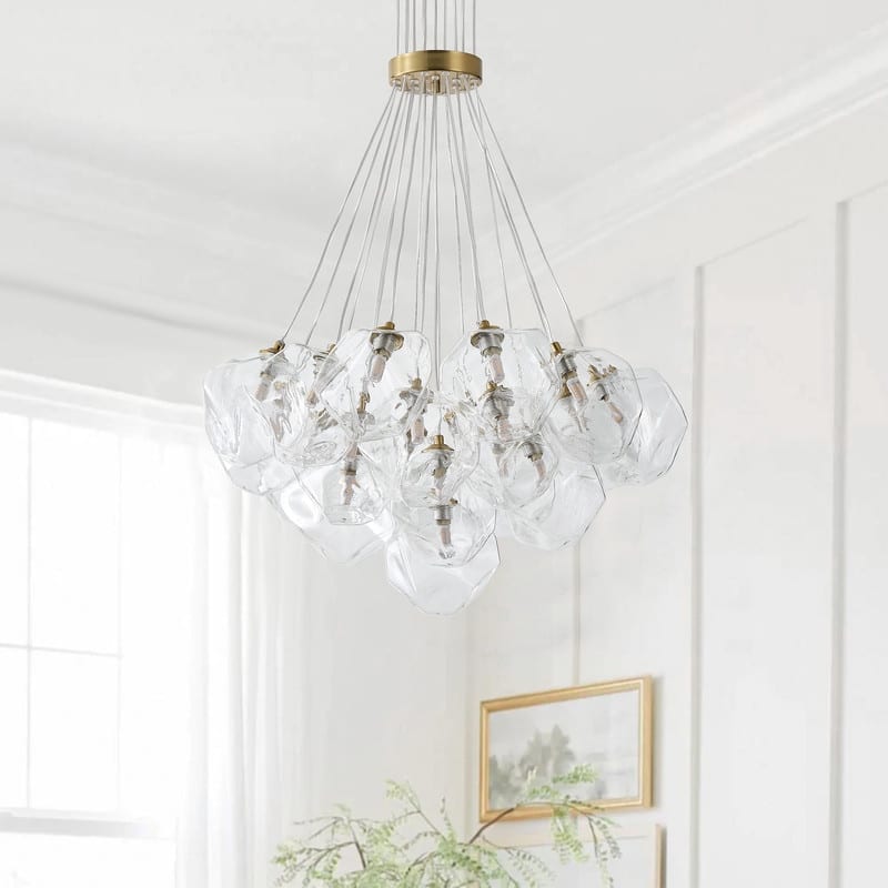 Modern 19-Light Stone Glass Globe Cluster Chandelier in Brass Finish - N/A