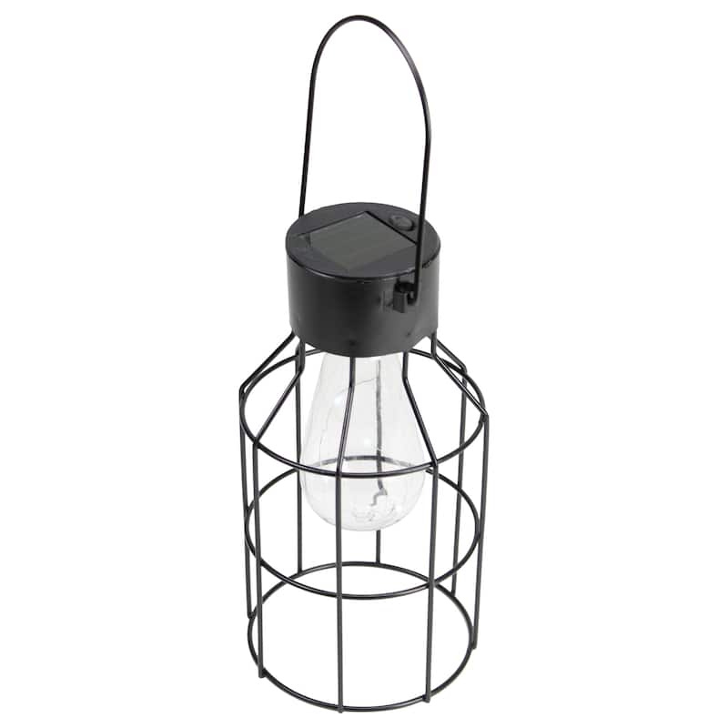 9.5" Black Outdoor Geometric Hanging Solar Lantern with Handle Outdoor Decor - 9.5