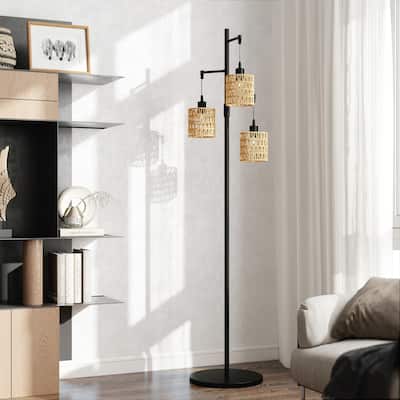 Boho 3-Light Tree Floor Lamp With Rattan Drum Shades