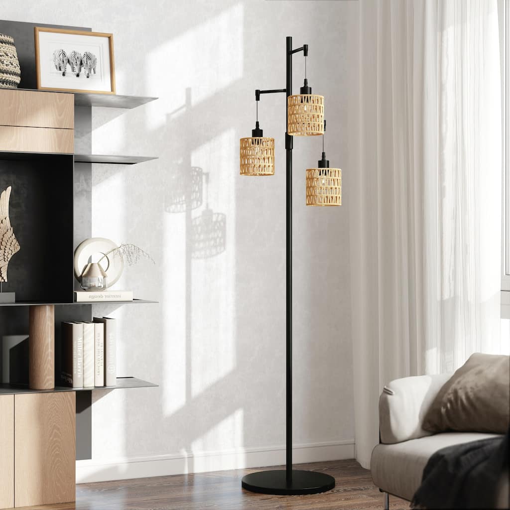 Boho 3-Light Tree Floor Lamp With Rattan Drum Shades
