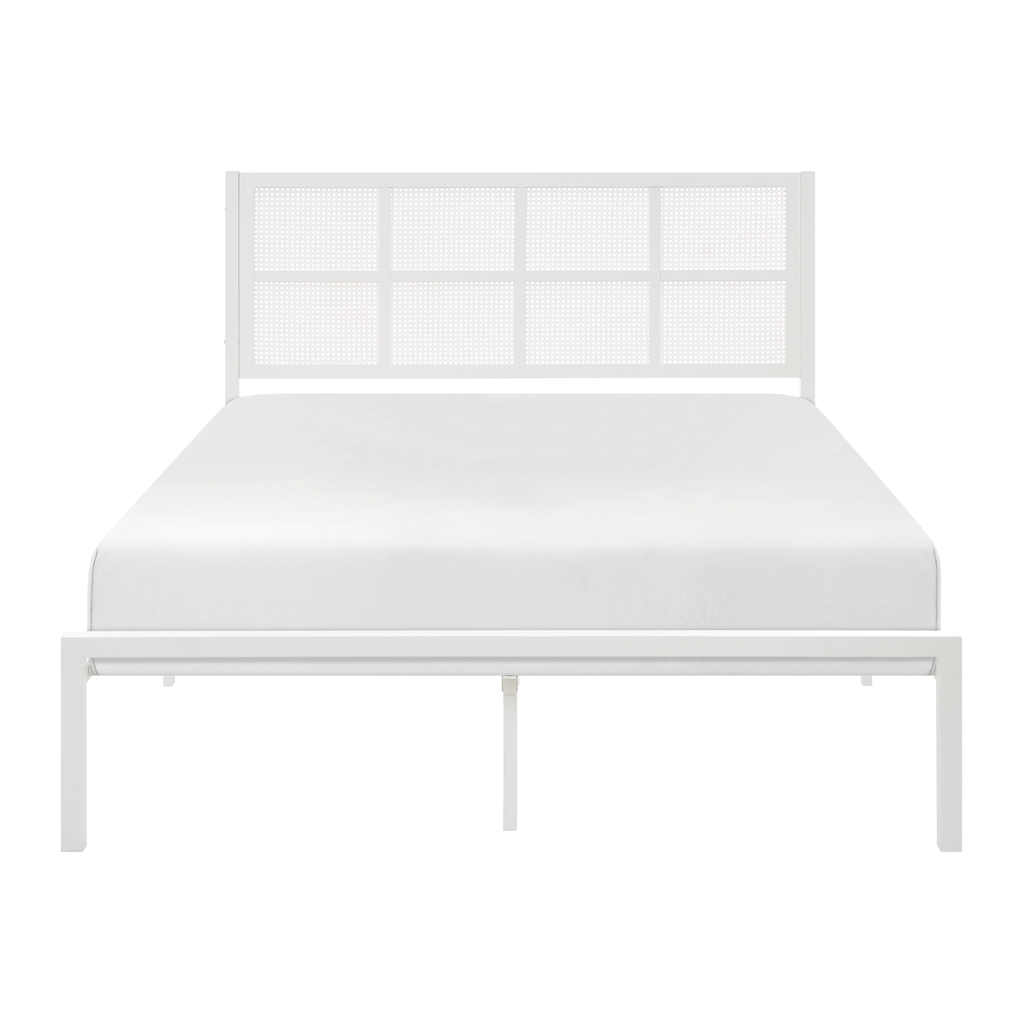 1pc Platform Bed, Metal Frame White Finish Faux Cane Panel Headboard Casual Coastal Bedroom Furniture, Bed in a Box