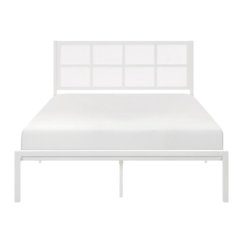 Queen Platform Bed with Metal Frame and Faux Cane Headboard, White Finish, No Box Spring Needed