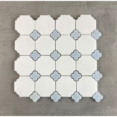 Thassos White with Blue Celeste Flower Pattern Marble Mosaic Tiles - Case (10 Sheets)