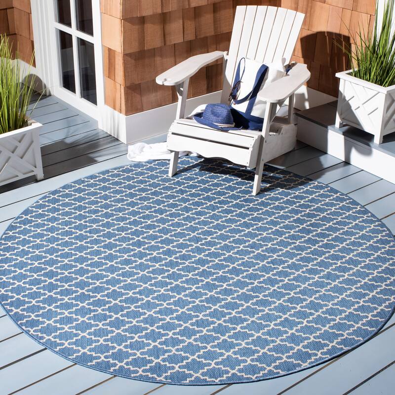 SAFAVIEH Courtyard Gerdi Indoor/ Outdoor Patio Backyard Rug - 6'7" Round - Blue/Beige