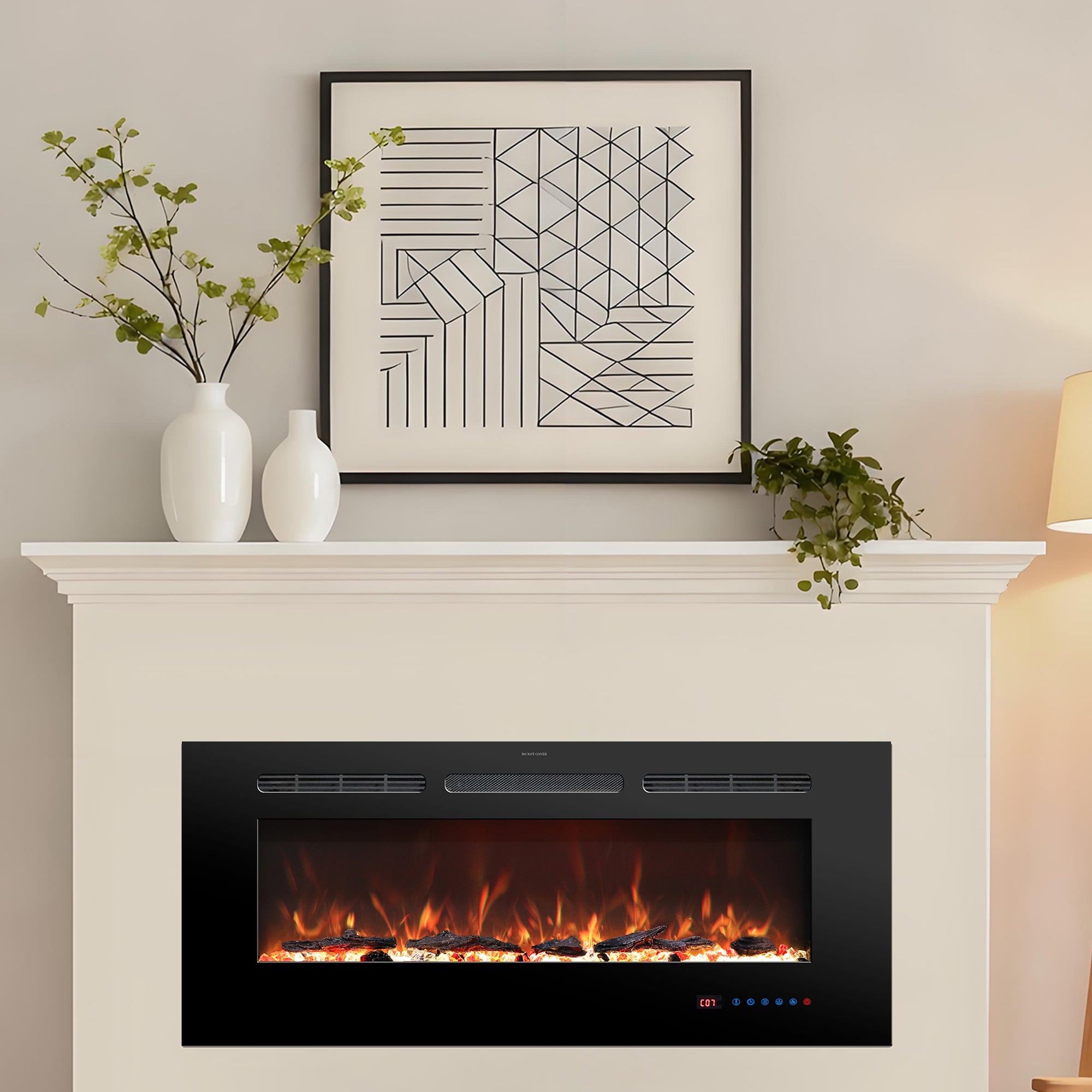 50" Modern Wall Mounted Insert Electric Fireplace Heaters with Logs and Remote, 13 Adjustable Flame Color
