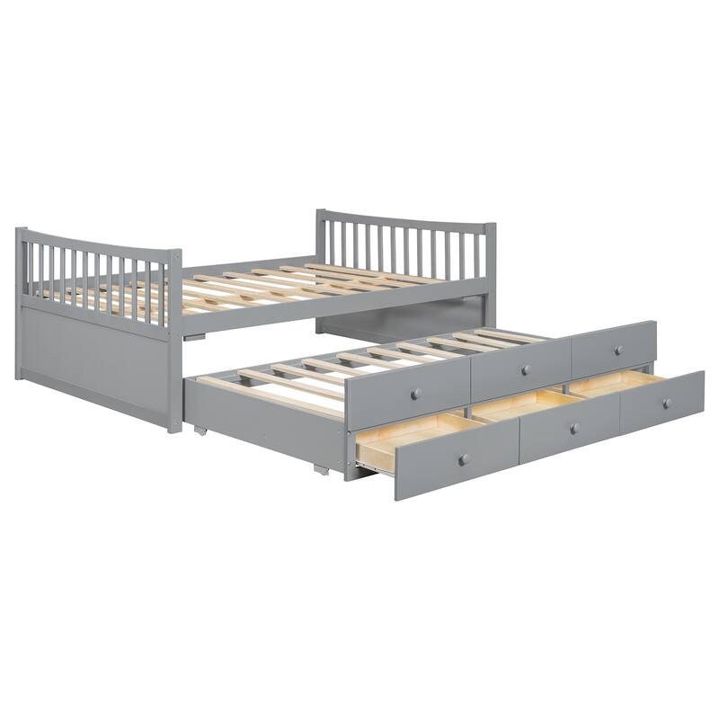 Full Size Daybed with Twin Trundle and 3 Drawers Solid Wood White No Box Spring Needed