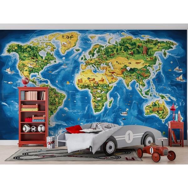Illustrated Kids World Map Mural Peel and Stick Educational Wallpaper ...