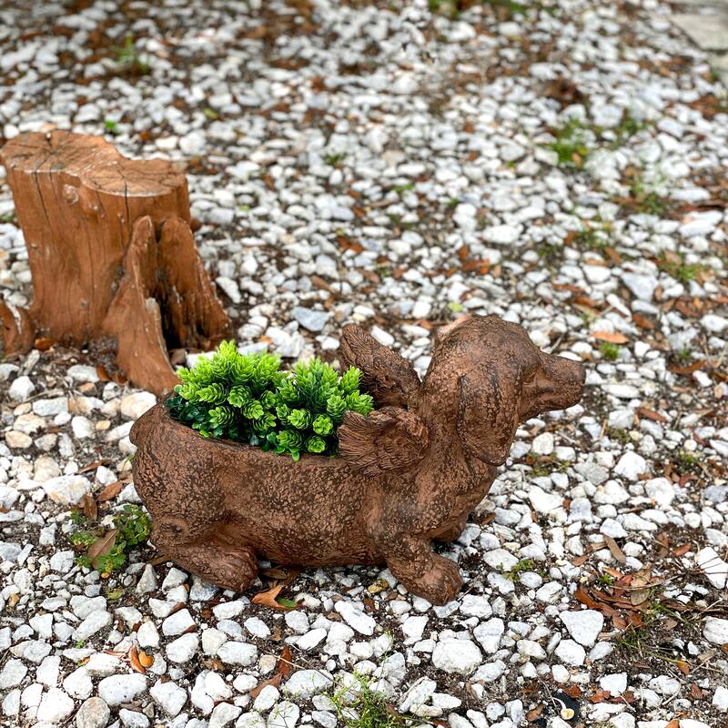 Flying Wiener Dog Planter 18" Brown, With Drain Hole, Rustic Garden - 11 X 18 X 7 inches