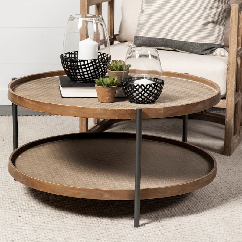Kade III Natural Brown Solid Wood w/ Black Iron Frame Round End/Side Table - 33.1L x 33.1W x 17.3H - Natural Brown - Wood