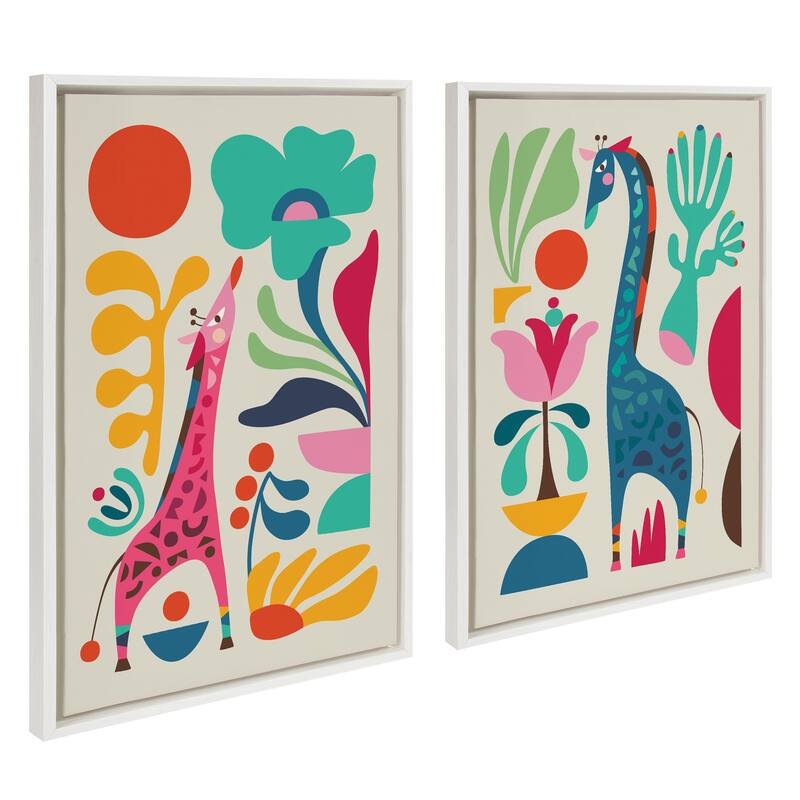 Kate and Laurel Sylvie Giraffe Garden and Giraffe Garden II Framed Canvas Art Set by Rachel Lee of My Dream Wall - 2 Piece Set 23x33 - White