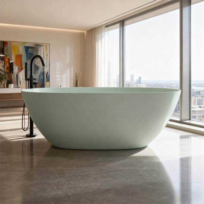 Luxury Solid Surface Freestanding Soaking Bathtub with Center Drain and Pop-up Drain, Modern Beige Tub with Overflow