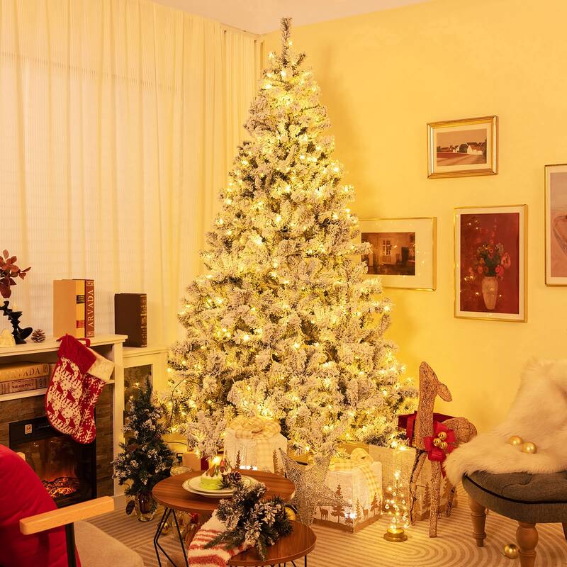 Gymax 6/7/8 FT Pre-Lit Snow-Flocked Xmas Tree 3-Minute-Setup - 8 Foot