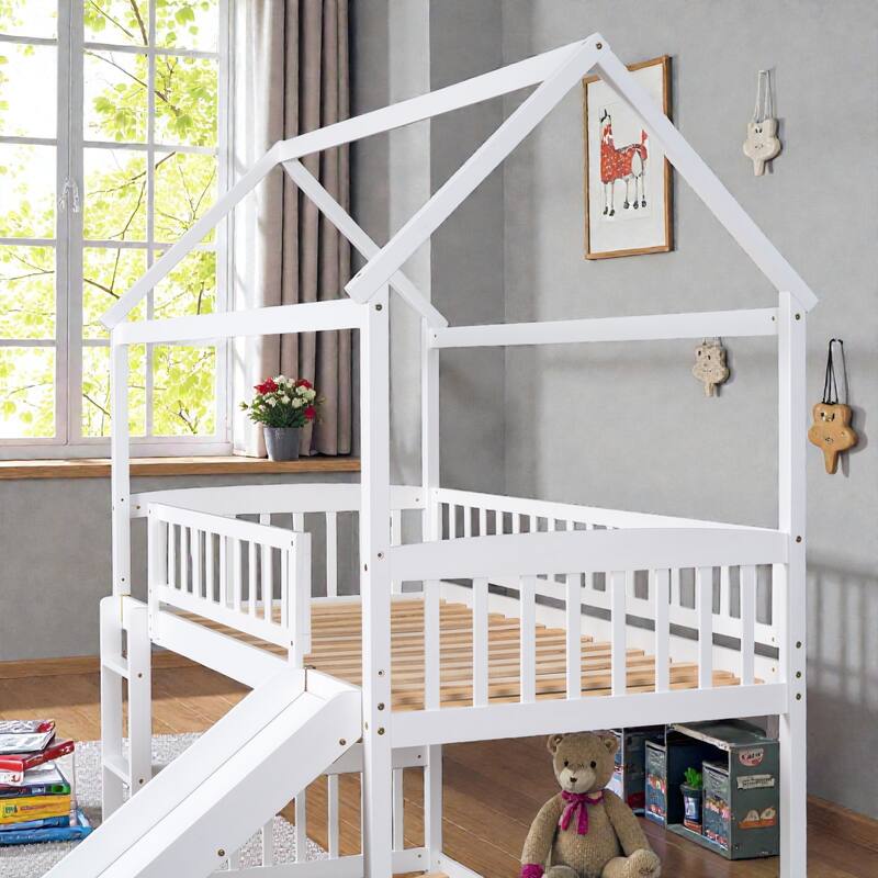 Twin Over Twin House Bunk Bed with Slide, Solid Wood Frame, Safety Rails, Space-Saving Kids Bed