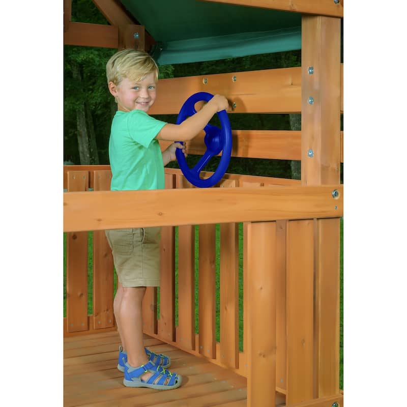 Mountain View Swing Set with Tarp Roof, Climbing Wall, Monkey Bars