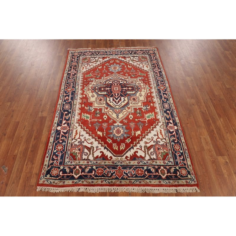 Orange Heriz Serapi Oriental Accent Rug Handmade Wool Carpet - 4'0" X 5'11"