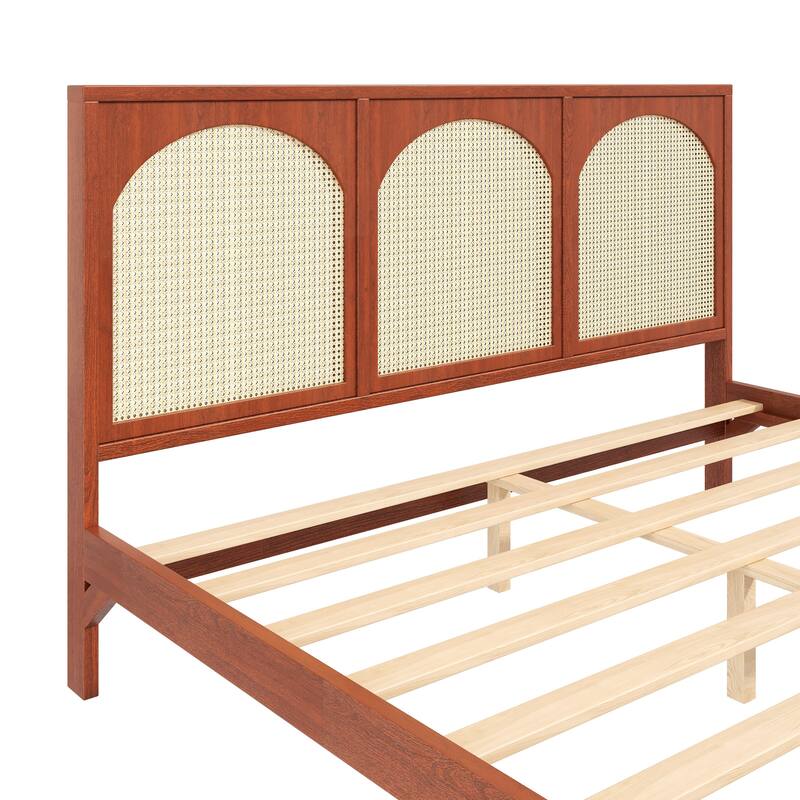 Roomfitters Queen/King Wood Platform Bed with Rattan Headboard and Footboard