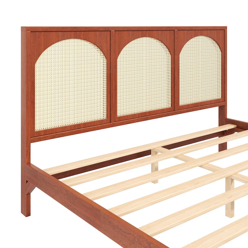 Wood Platform Bed Frame with Rattan Decorations Headboard & Footboard, Slat Support System, No Box Spring Needed, Easy Assembly