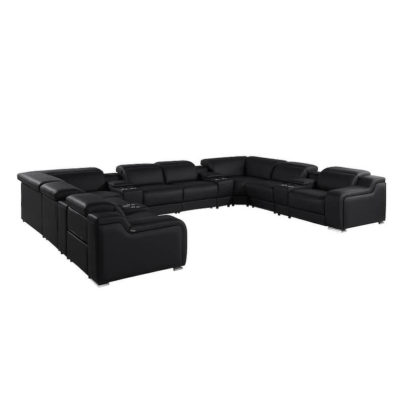 HomeRoots Black Italian Leather Power Reclining U Shaped Twelve Piece Corner Sectional With Console