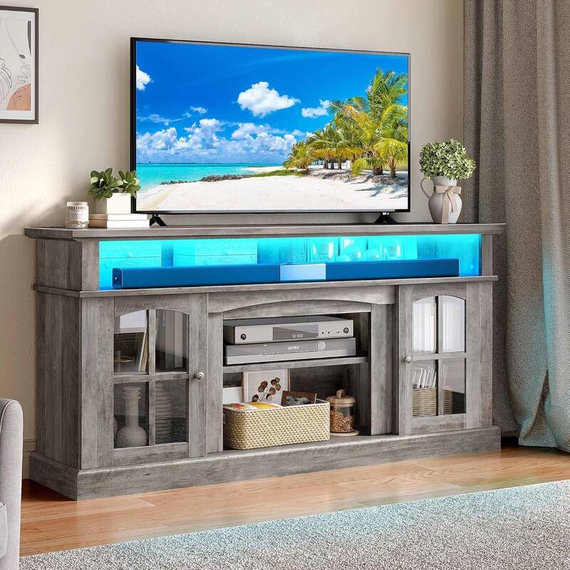 Moasis Farmhouse LED Lights TV Stand with Glass Doors, Entertainment Center w/Shelves for Living Room for TVs up to 65" - Grey Wash