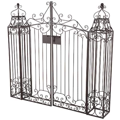 Metal Indoor Outdoor Scrollwork Arched Gate Garden Arbor with Pillars and Latch Lock Closure - Dark Brown - Roche River Decor