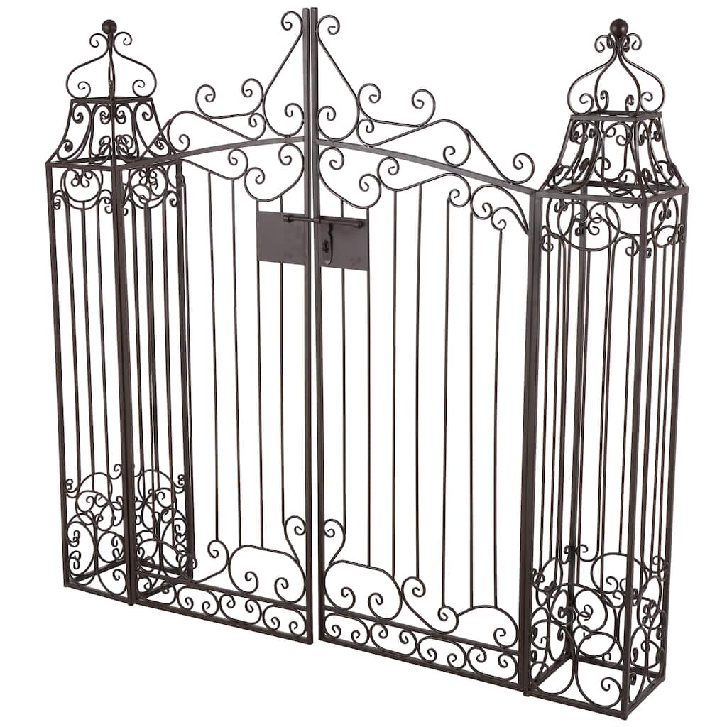 Metal Indoor Outdoor Scrollwork Arched Gate Garden Arbor with Pillars and Latch Lock Closure - Dark Brown - Roche River Decor