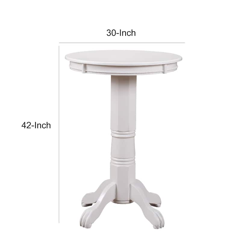 Ava 42 Inch Wood Pub Bar Table, Molded Trim, Carved Pedestal, White