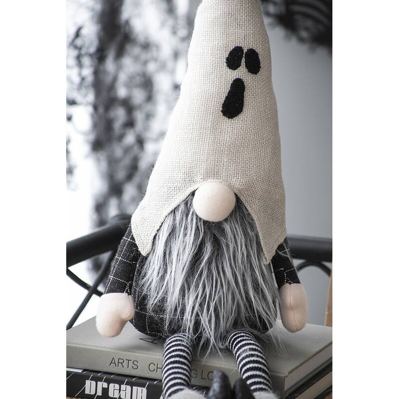 8.3x4x31.5" Fabric Sitting Gnome w/ White Ghost Hat, for Halloween Decor